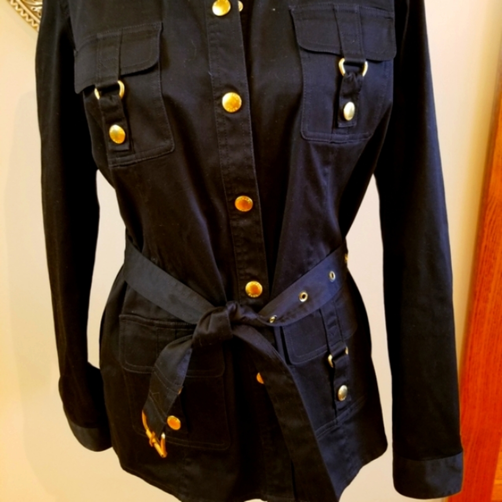 Michael By Michael Kors Cotton Black Trench Coat with Gold Buttons and Belt - Picture 8 of 8